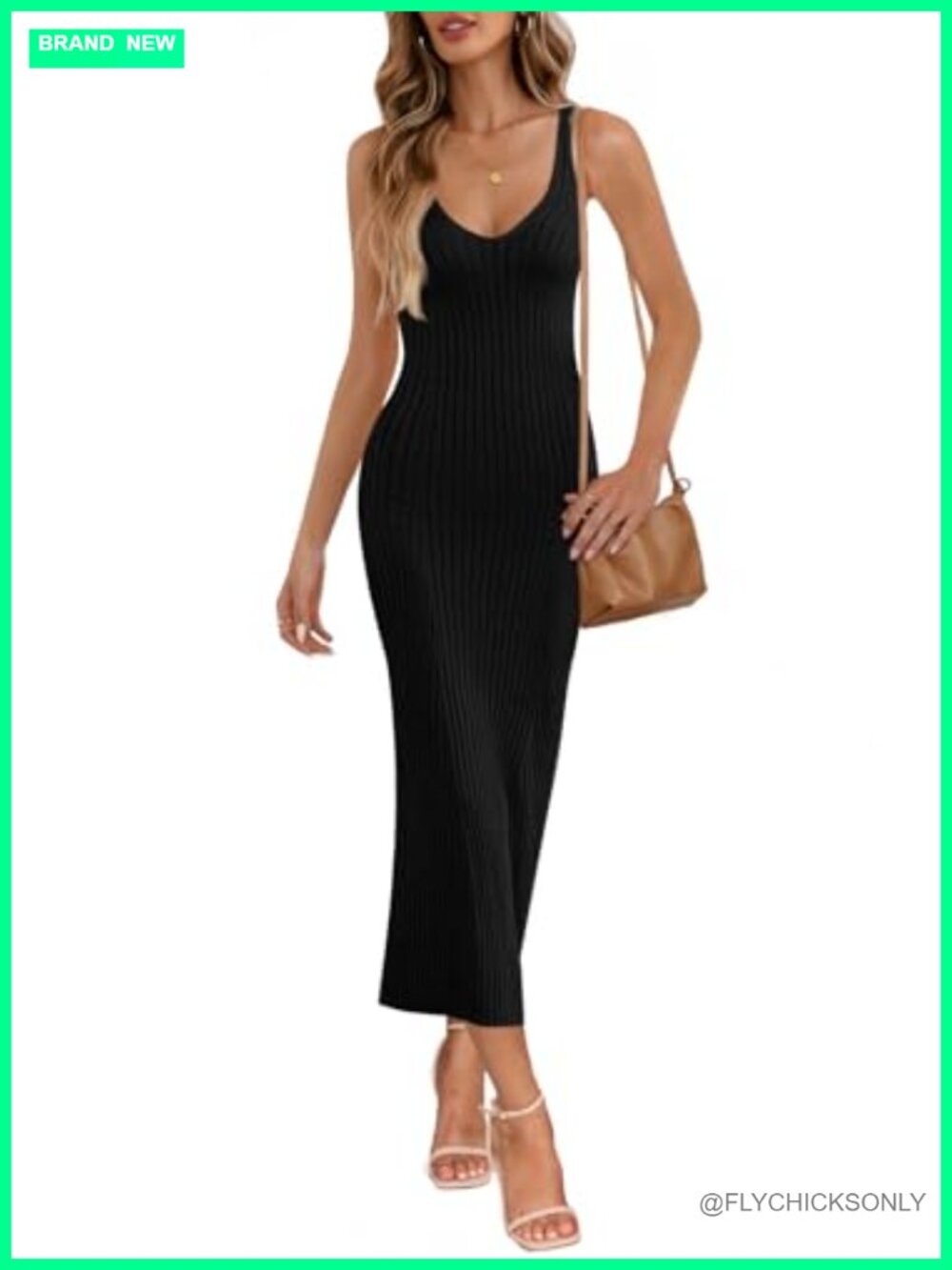 Sleeveless Rib Knit Midi Bodycon Dress Deep V Neck